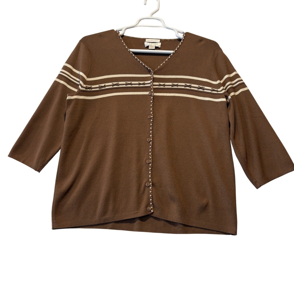 Vintage 2004 CJ Banks Hand Embroidered Cardigan Sweater‎ Brown Striped Bows 1X